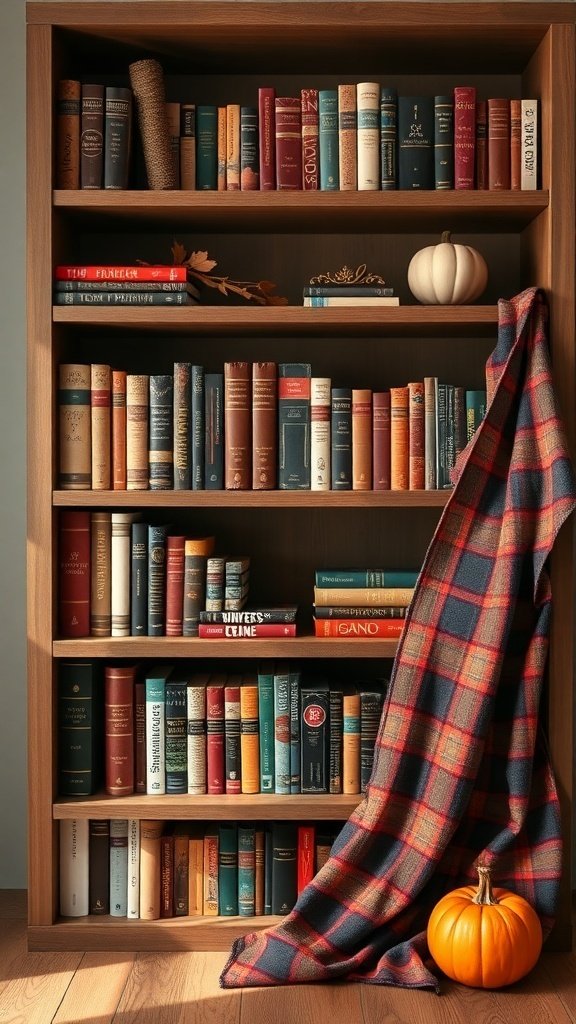 50 Inspiring Fall Bookshelf Decor Ideas to Transform Your Space A wooden bookshelf filled with books, decorated with a plaid blanket and a small pumpkin, evoking a cozy fall atmosphere.