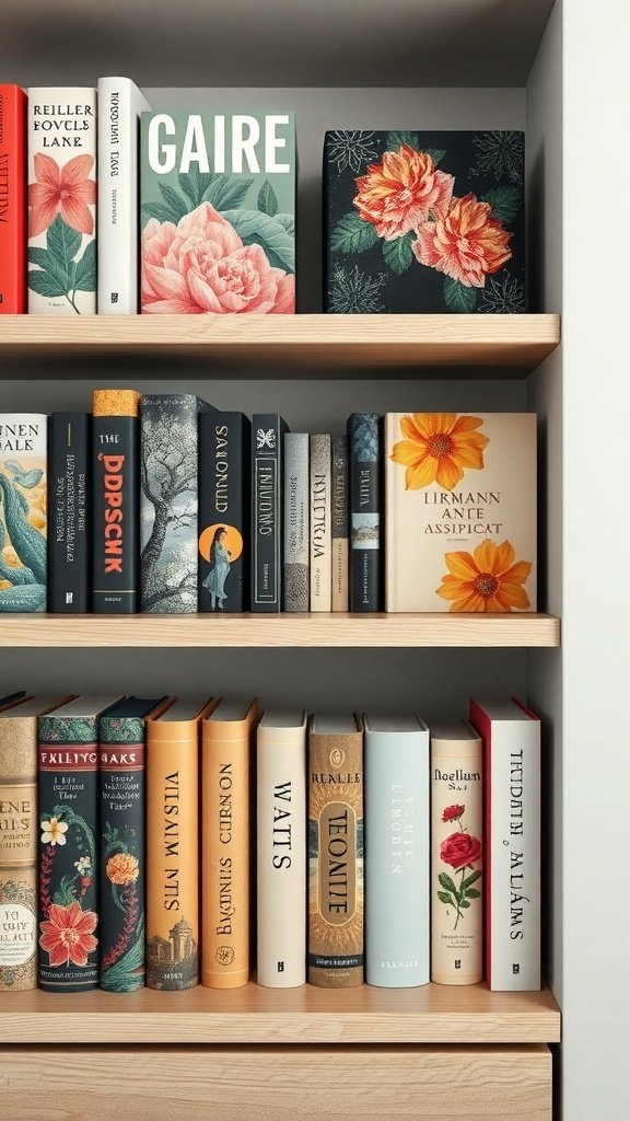50 Inspiring Fall Bookshelf Decor Ideas to Transform Your Space A beautifully arranged bookshelf featuring colorful book covers with floral designs, perfect for fall decor.