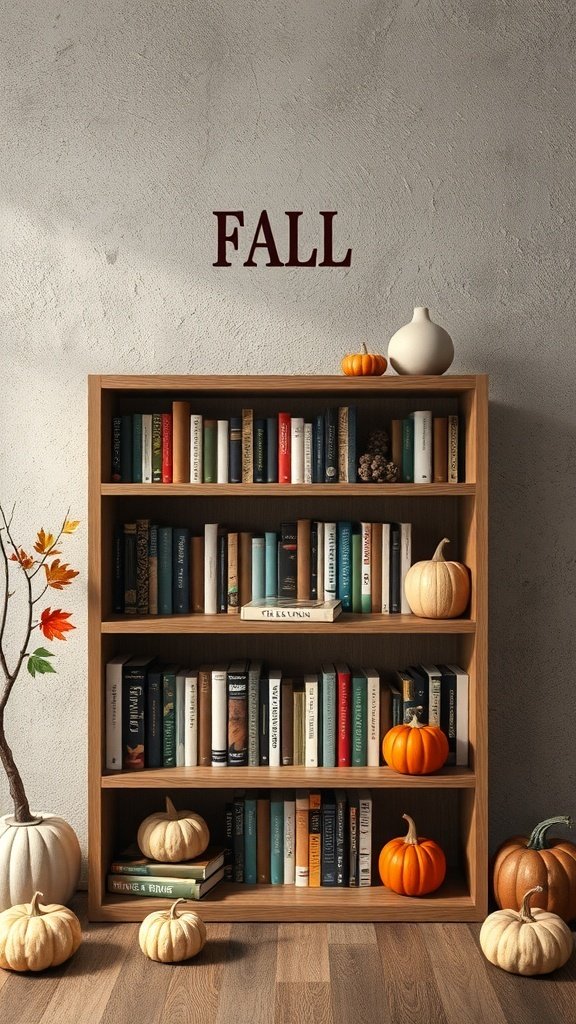 50 Inspiring Fall Bookshelf Decor Ideas to Transform Your Space A wooden bookshelf filled with books, decorated with pumpkins and a textured wall backdrop, showcasing fall decor.
