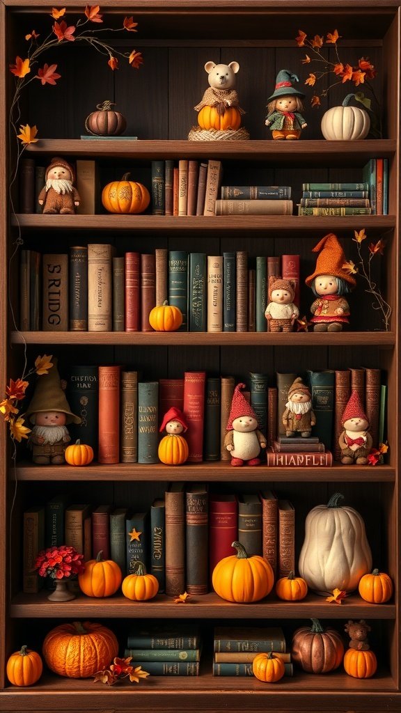 50 Inspiring Fall Bookshelf Decor Ideas to Transform Your Space A cozy bookshelf decorated for fall with whimsical figurines, pumpkins, and autumn leaves.