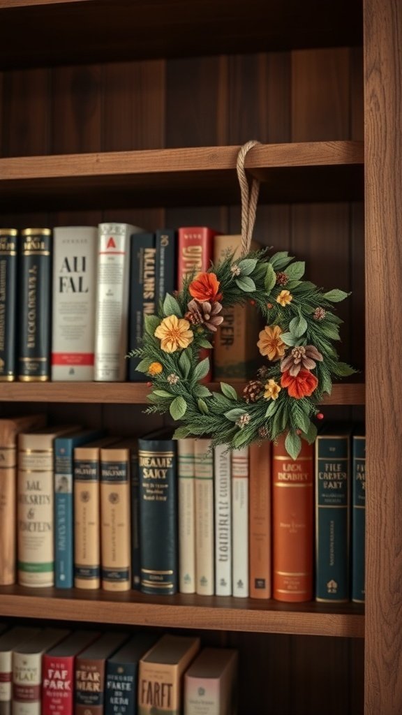 50 Inspiring Fall Bookshelf Decor Ideas to Transform Your Space A fall-themed wreath with flowers hanging on a bookshelf filled with books.