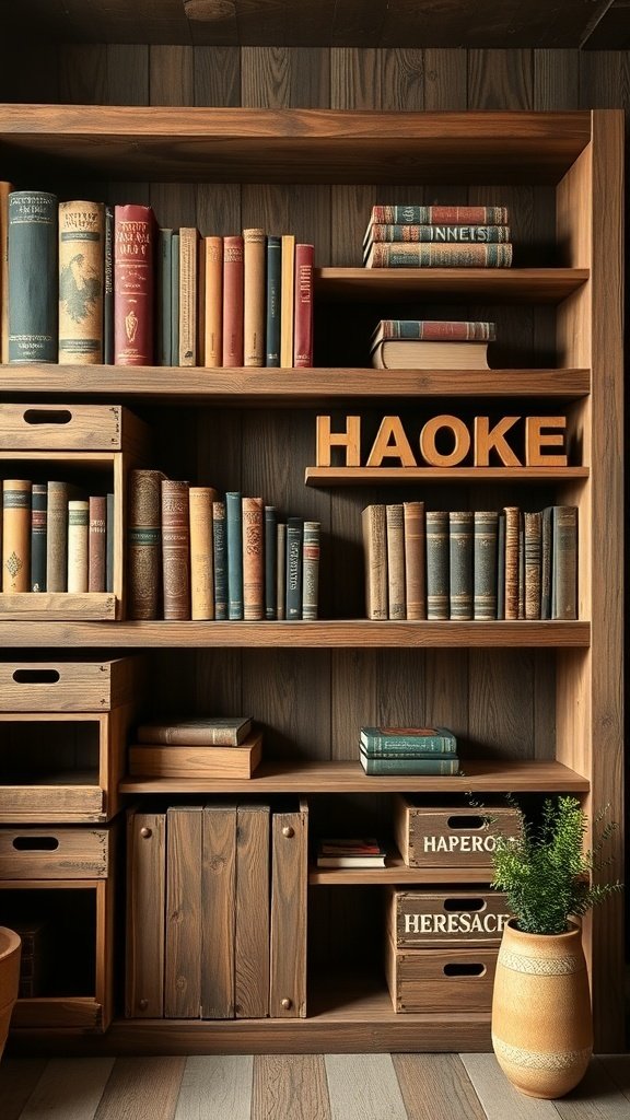 50 Inspiring Fall Bookshelf Decor Ideas to Transform Your Space A rustic wooden bookshelf filled with books, wooden storage boxes, and a small plant, showcasing fall decor ideas.