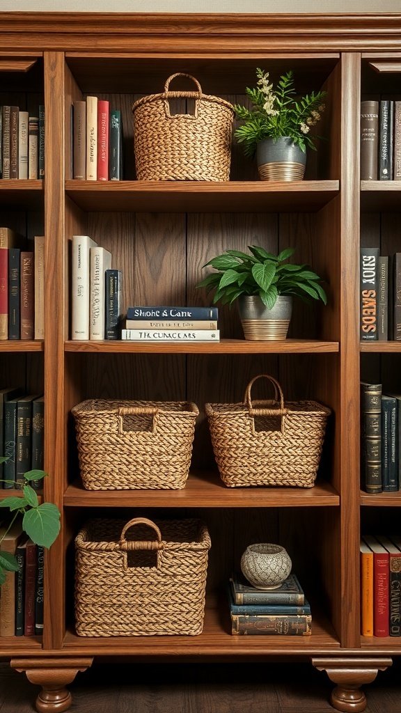 50 Inspiring Fall Bookshelf Decor Ideas to Transform Your Space A wooden bookshelf with decorative woven baskets, plants, and books, showcasing fall decor ideas.