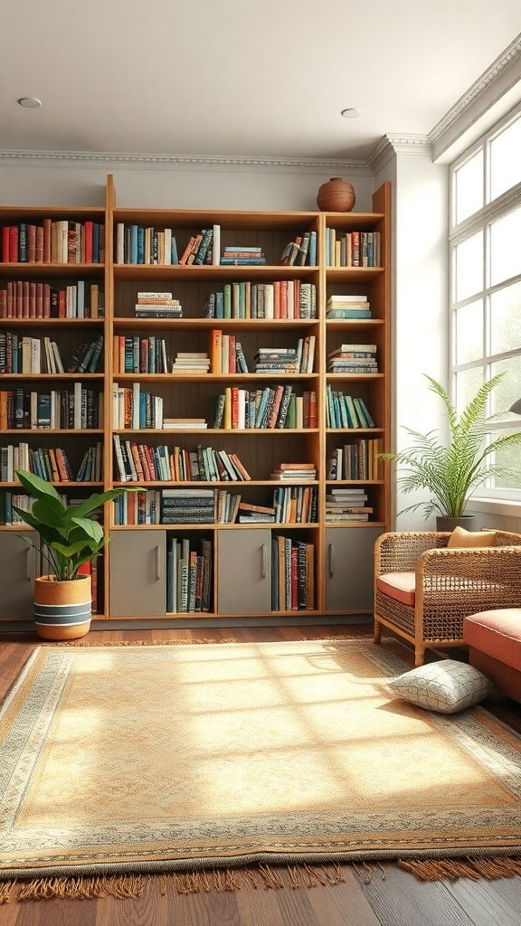 50 Inspiring Fall Bookshelf Decor Ideas to Transform Your Space A cozy reading nook with a layered rug under a bookshelf, featuring colorful books and a comfortable chair.
