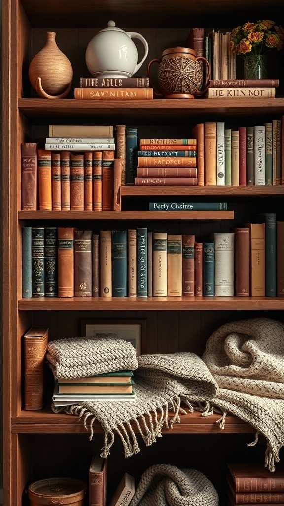 50 Inspiring Fall Bookshelf Decor Ideas to Transform Your Space A cozy bookshelf decorated with warm-toned books, knitted blankets, and decorative items, creating a fall-inspired atmosphere.