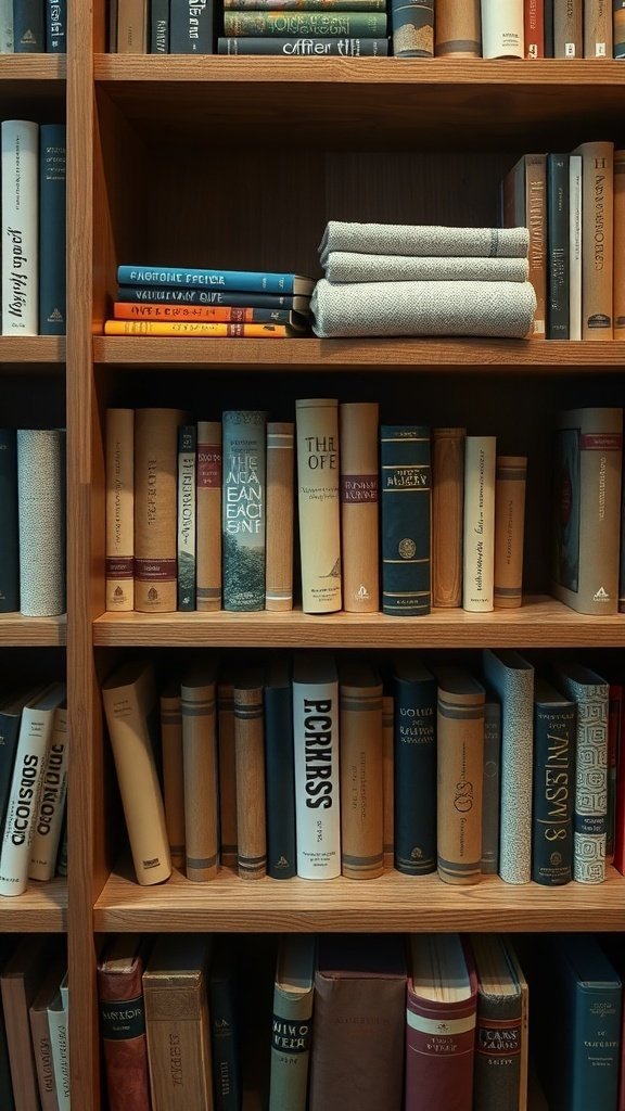 50 Inspiring Fall Bookshelf Decor Ideas to Transform Your Space A cozy bookshelf filled with books and soft blankets, showcasing layered textures for fall decor.