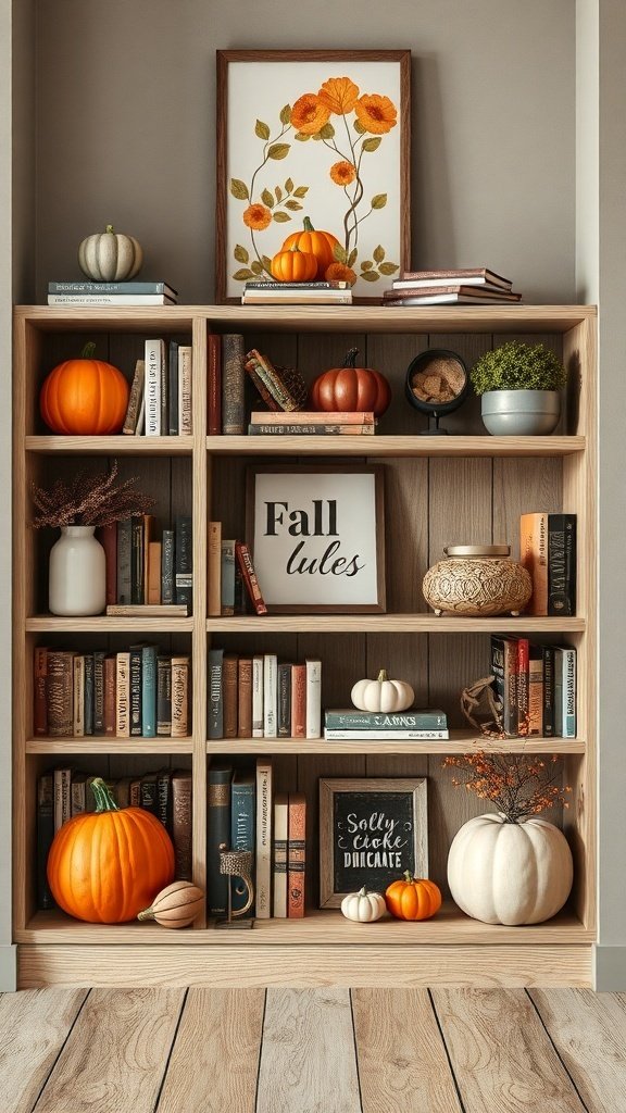 50 Inspiring Fall Bookshelf Decor Ideas to Transform Your Space A cozy bookshelf decorated for fall with pumpkins, books, and floral wall art.