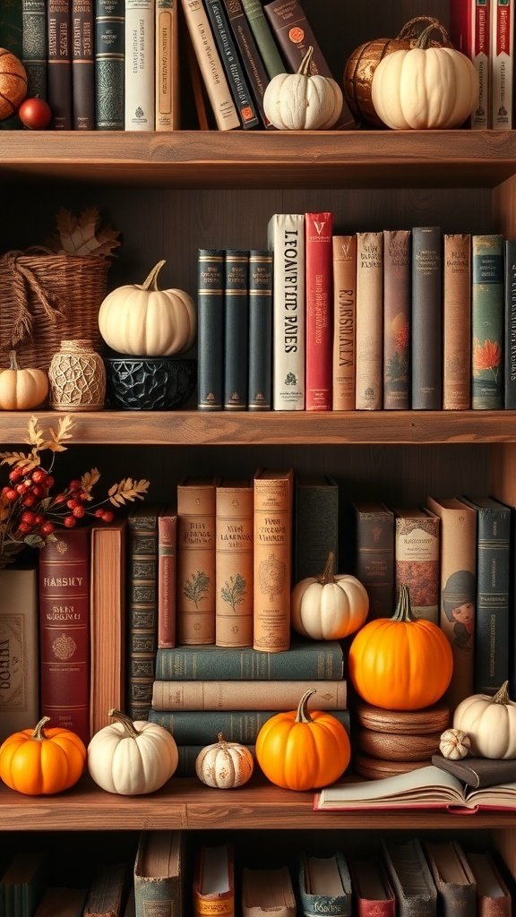 50 Inspiring Fall Bookshelf Decor Ideas to Transform Your Space A wooden bookshelf decorated with various pumpkins and books, showcasing fall decor.