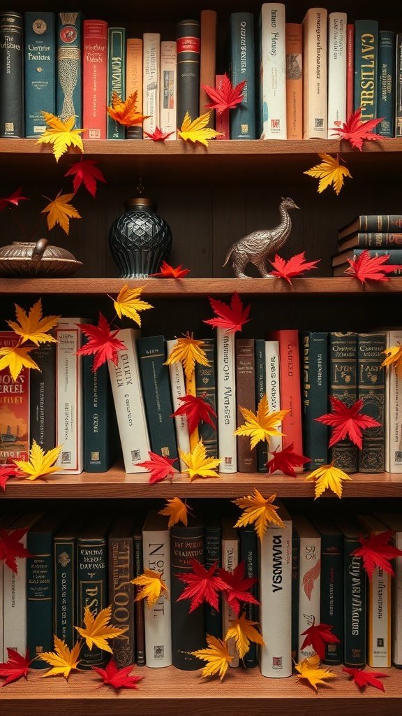 50 Inspiring Fall Bookshelf Decor Ideas to Transform Your Space A bookshelf decorated with colorful autumn leaves, featuring books in various colors and a decorative item.