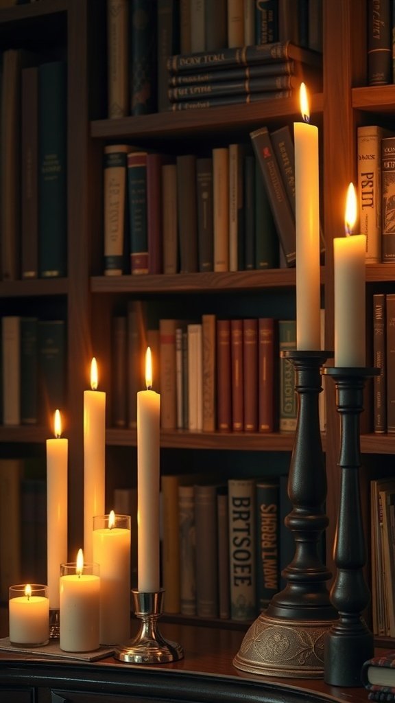50 Inspiring Fall Bookshelf Decor Ideas to Transform Your Space A cozy bookshelf decorated with candles of various heights, casting a warm glow.