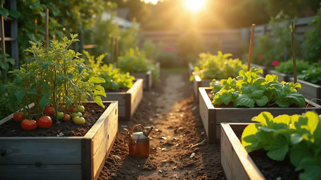 Cinematic wide-angle shot of three raised cedar garden beds at golden hour, showcasing thriving tomato plants, lettuce varieties, and climbing pole beans, with a vintage watering can and gardening gloves in the foreground.