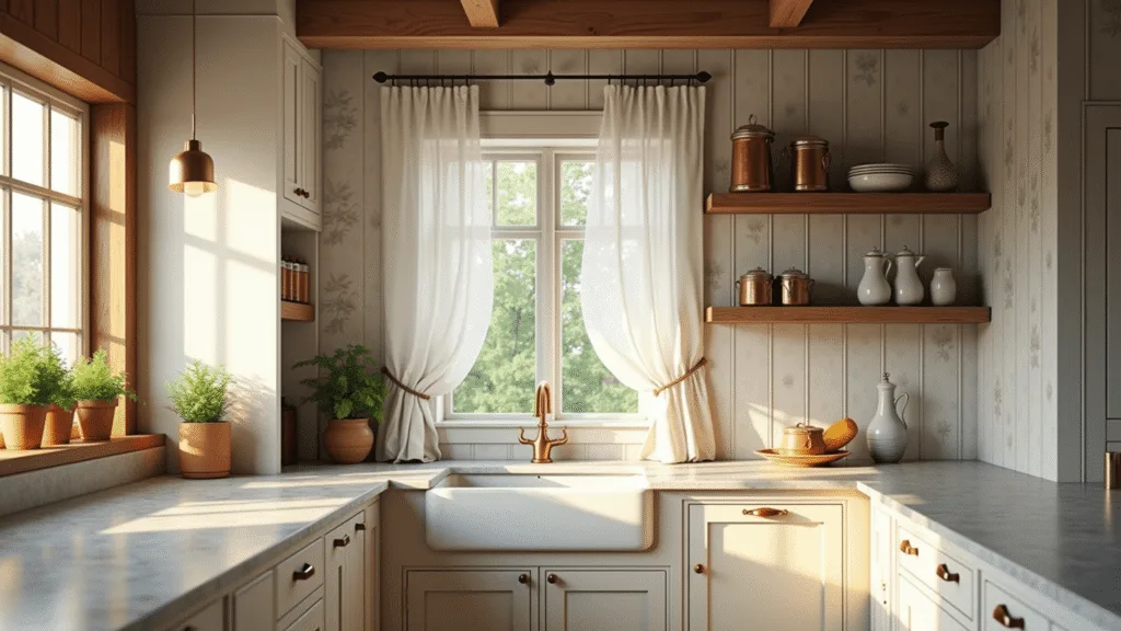 A sunlit cottage kitchen featuring reclaimed barn wood paneling, crisp white shiplap, a vintage farmhouse sink under a sheer-curtained window, terracotta herb pots, and copper cookware hanging from a beam, with cream-colored Shaker cabinets and a vintage-inspired floral wallpaper focal wall.