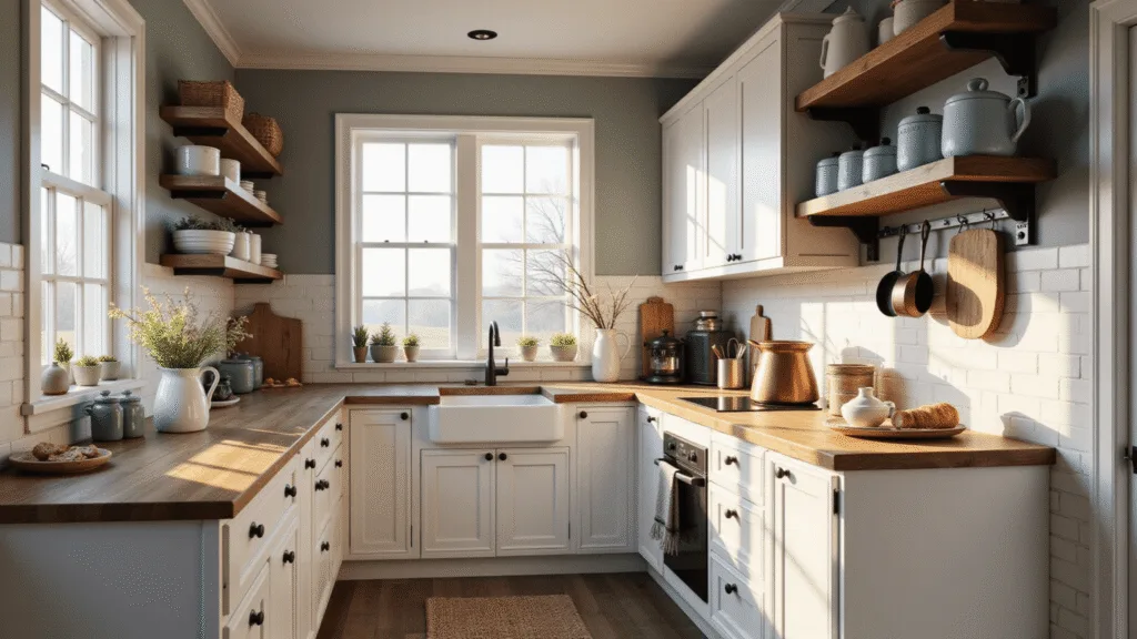 Hyperrealistic wide-angle photograph of a sun-drenched farmhouse kitchen featuring chalk-painted white cabinets, butcher block countertops, and vintage decor illuminated by golden hour light.