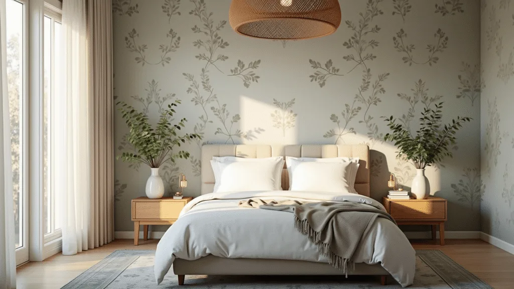 A tranquil bedroom featuring botanical wallpaper, a king-size bed with white linens, natural wood nightstands, and a rattan pendant light, captured in soft morning light with a muted Persian rug and fresh eucalyptus decor.