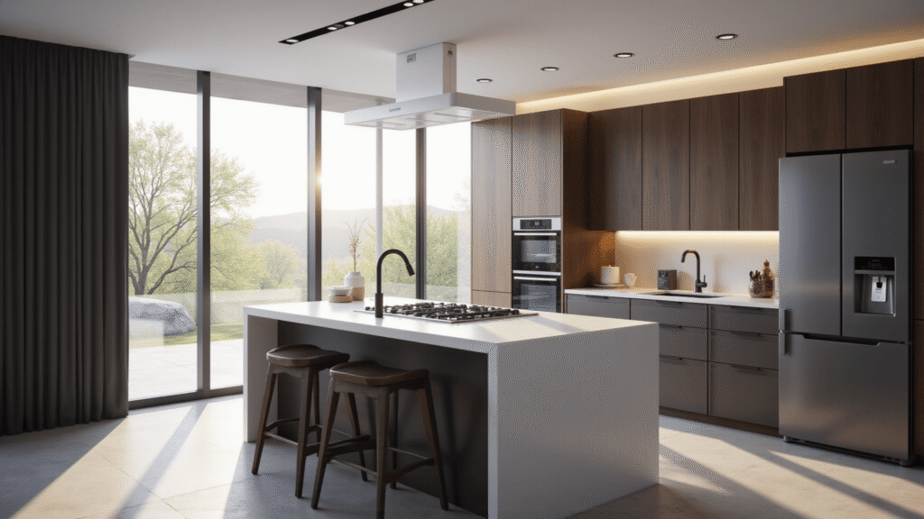 Photorealistic architectural photo of an ultra-modern smart kitchen with floor-to-ceiling windows, featuring a Samsung Bespoke refrigerator, quartz countertops, dark oak cabinets, and advanced smart appliances, all bathed in natural morning light.
