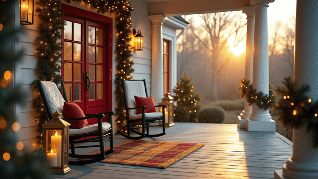 A grand Southern-style veranda adorned with pine garlands and warm white lights, featuring a glossy red double door, antique brass lanterns, and rocking chairs with festive throws and pillows, all illuminated by the golden hour sun.
