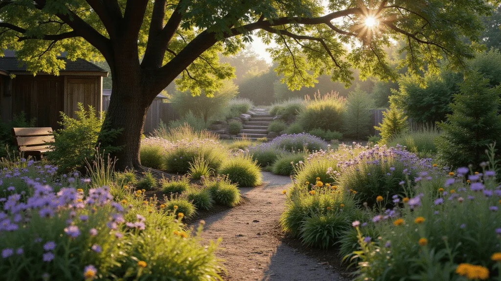 A hyperrealistic photograph of a lush sustainable backyard garden at golden hour, featuring vibrant purple coneflowers and black-eyed susans, a mature oak tree, a weathered cedar bench, a three-bin compost system, solar-powered path lights, and a terraced vegetable garden, all bathed in warm, dappled sunlight.