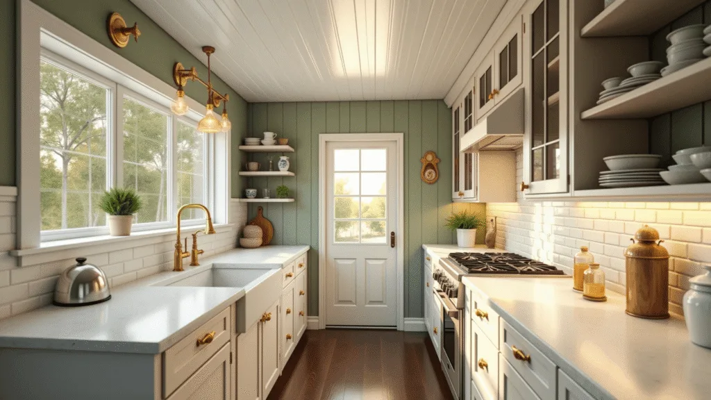 A cozy cottage galley kitchen bathed in golden hour sunlight, featuring white shaker cabinets with brass hardware, sage green walls, quartz countertops, and warm under-cabinet lighting, accented by vintage-inspired sconces and decorative floating shelves.