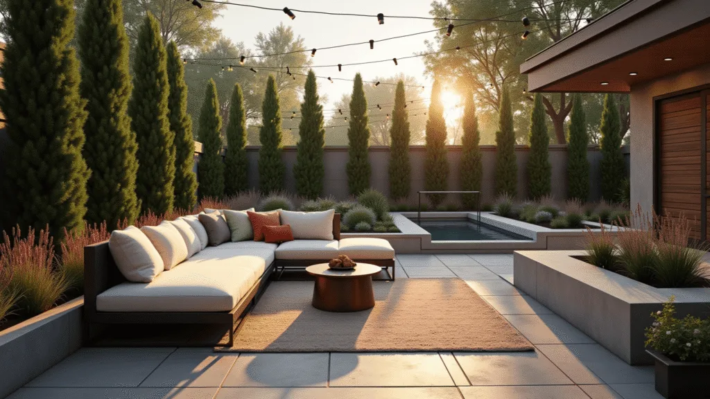 A luxurious backyard sanctuary featuring a modern sectional sofa, natural stone patio, and layered landscaping with lush arborvitae and ornamental grasses, highlighted by a cor-ten steel water feature and ambient string lights at golden hour.