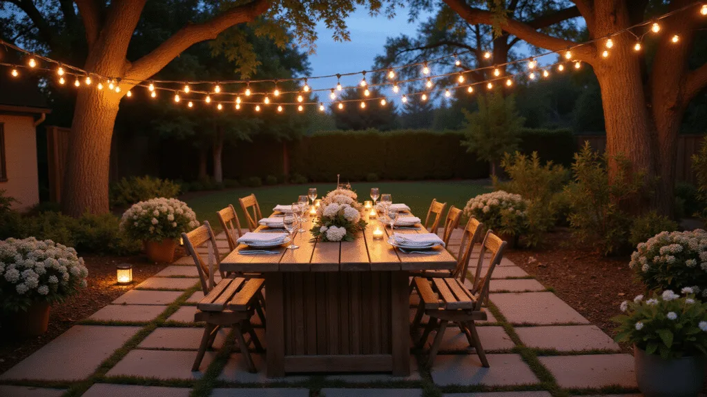 A beautifully lit backyard patio at dusk, featuring a weathered teak dining table with ivory linens and warm Edison string lights overhead, complemented by copper path lights and uplighting on oak trees, surrounded by potted lavender and white hydrangeas, all beneath a gentle blue sky.