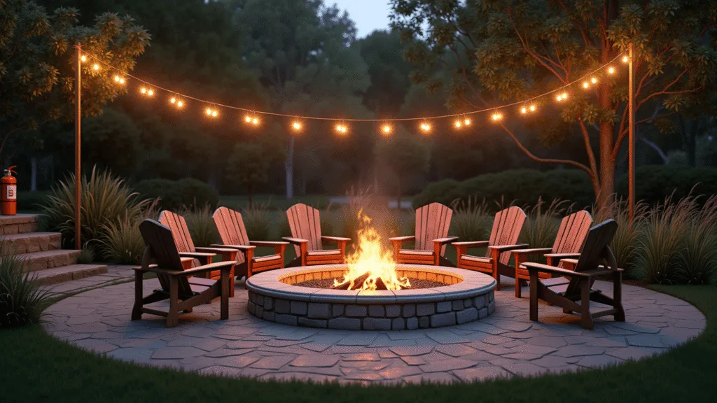 A twilight backyard scene featuring a circular stone fire pit with flames, surrounded by weathered teak Adirondack chairs and illuminated by copper string lights, with ornamental grasses and mature oak trees in the background.
