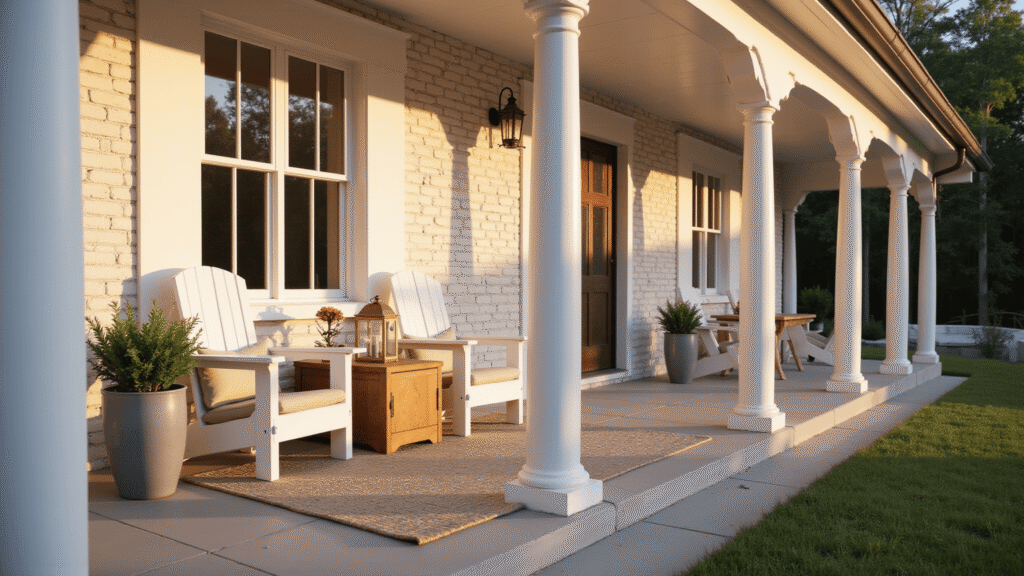 A cinematic wide-angle view of a sophisticated covered porch at golden hour, featuring white Adirondack chairs, a teak side table, natural stone flooring, and warm ambient lighting from brass lanterns, all framed by white-painted columns and a whitewashed brick exterior.