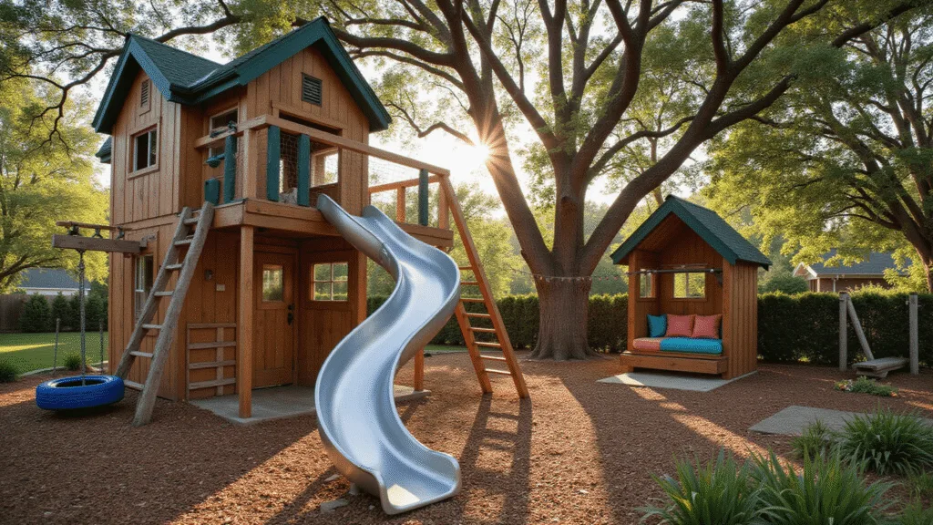 A whimsical backyard playground at golden hour featuring a multi-level wooden treehouse with a curved slide, rope climbing elements, and a pirate ship wheel, surrounded by mature oak trees and framed by native flowers, with a tire swing, monkey bars, and a cozy reading nook, all highlighted by dappled sunlight and twinkling string lights.
