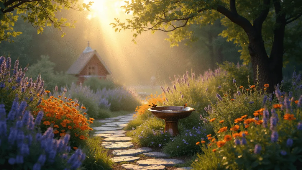 A vibrant wildlife garden sanctuary at dawn, featuring a winding stone pathway surrounded by clusters of purple coneflowers, orange butterfly weed, and milkweed. A shallow copper birdbath sits amid black-eyed susans and lavender, with monarch butterflies and bumblebees. In the background, a rustic insect hotel and berry bushes with cardinals perch, all illuminated by golden morning light and dew glistening on spider webs.