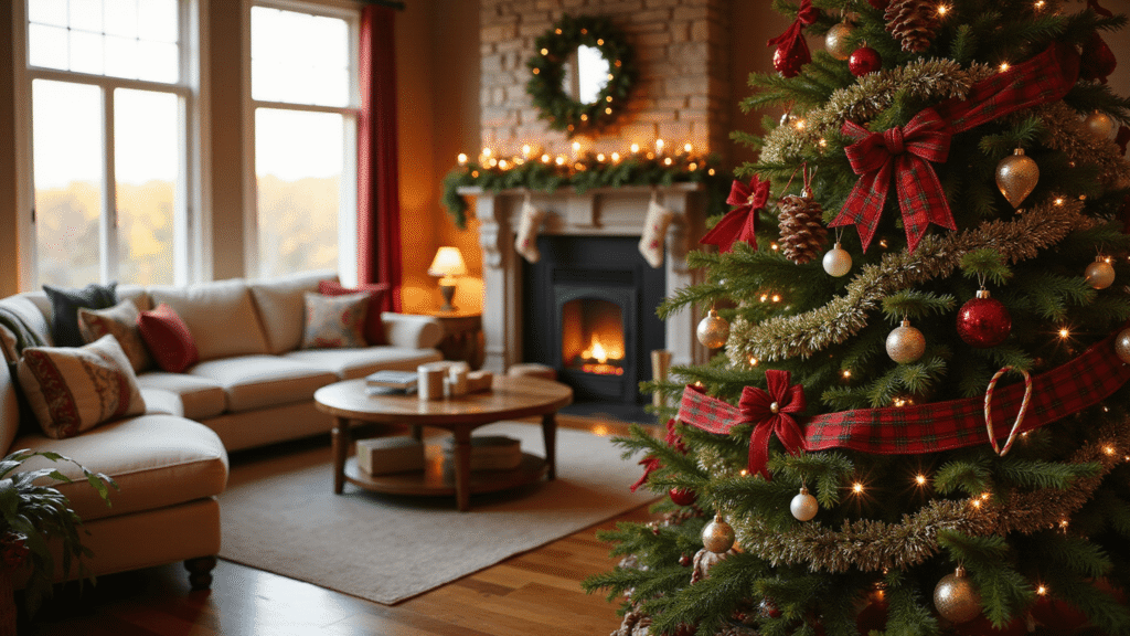 A Classic Red and Green Christmas Tree: Your Ultimate Decorating Guide Elegant 8-foot Fraser fir Christmas tree in a cozy living room bay window, adorned with burgundy and green ornaments, plaid ribbon, mercury glass teardrops, velvet poinsettias, and candy cane accents, with a warm golden hour glow.