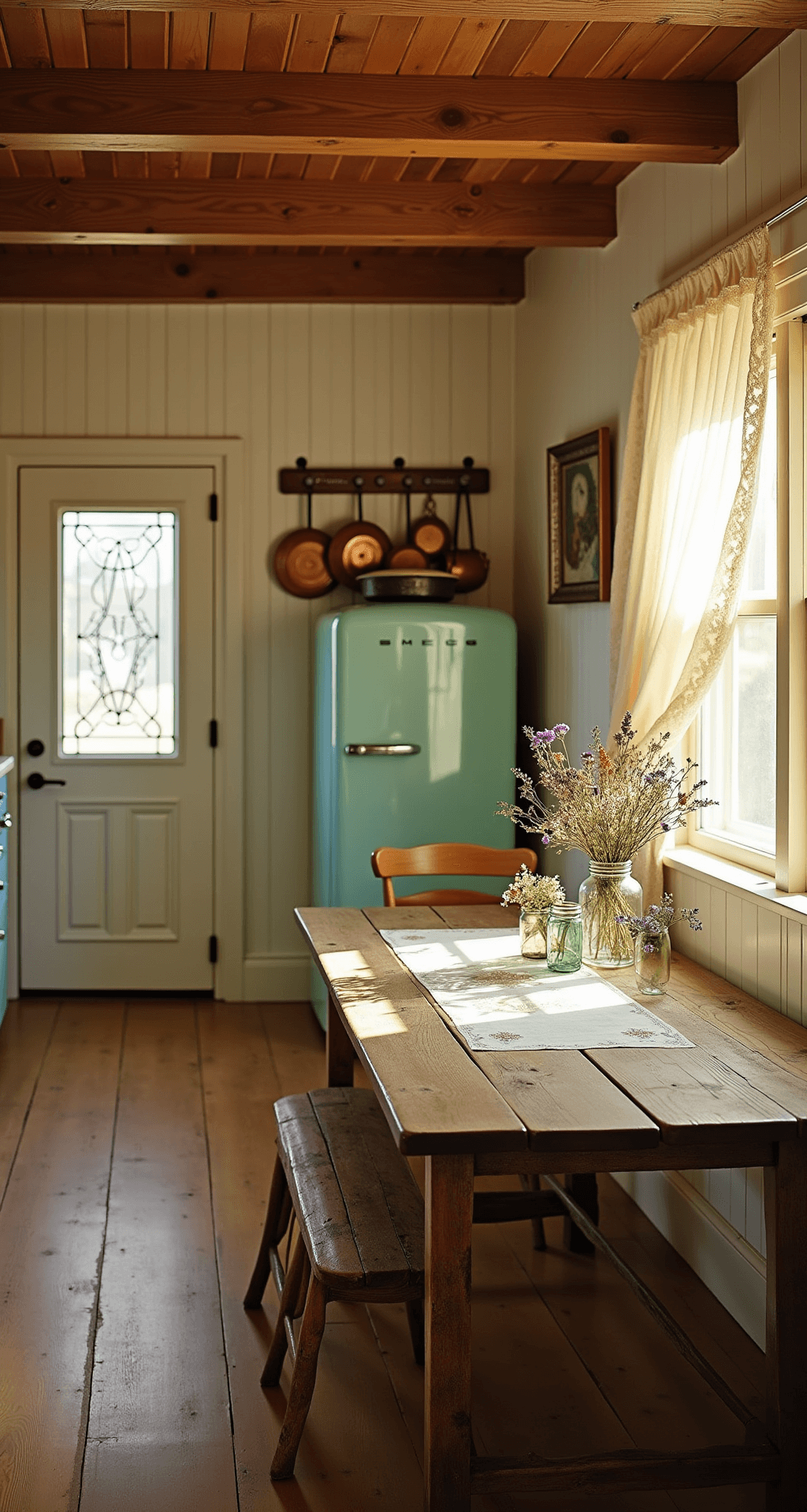 A warm, sunlit farmhouse kitchen featuring wide-plank oak floors, cream beadboard walls, and exposed wooden beams. A vintage mint-green Smeg refrigerator and copper pots add character, while lace-curtained windows filter golden hour light over a rustic pine table adorned with hand-embroidered linens and wildflower-filled mason jars. The image captures a nostalgic atmosphere with soft shadows and rich textures.