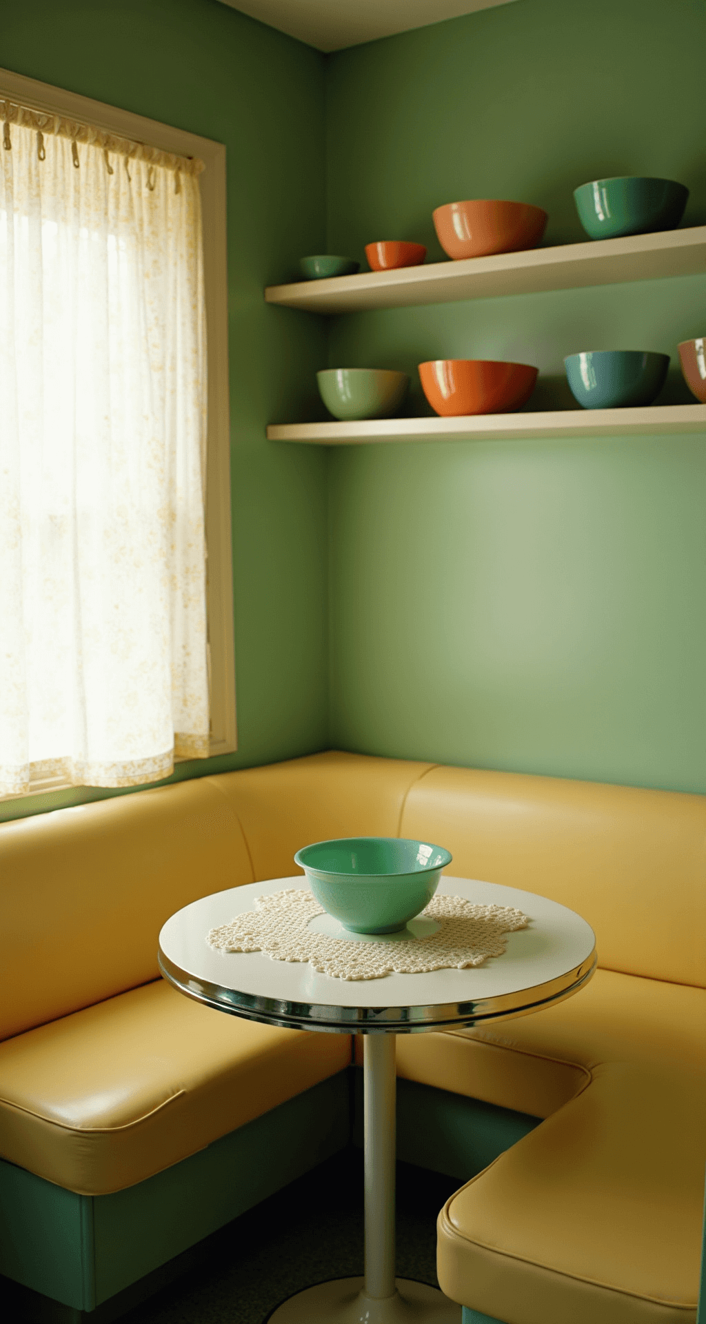 A cozy 1950s kitchen nook with sage green walls, a butter-yellow vinyl breakfast banquette, and a round Formica table displaying vintage jadeite bowls and crocheted doilies, all bathed in soft morning light.
