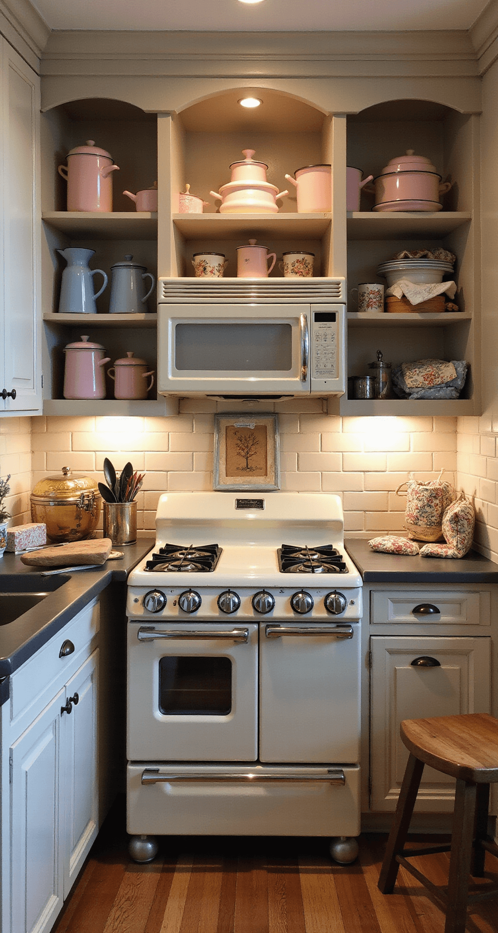 Cozy 10x12ft kitchen at twilight featuring a restored 1940s cream and chrome enamel stove, illuminated by warm under-cabinet lighting, showcasing vintage enamelware in soft pinks and blues on open shelving, complemented by hand-quilted pot holders and embroidered tea towels against a beige subway tile backsplash.