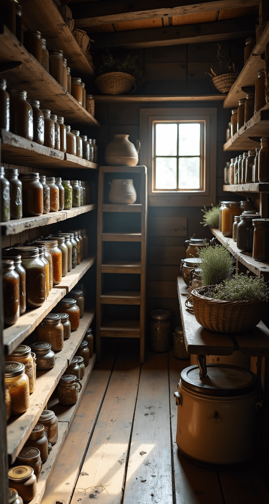 A rustic pantry filled with wooden shelves stacked with vintage mason jars, ceramic crocks, and woven baskets, illuminated by natural light from a window, casting dramatic shadows over preserved goods and dried herbs, with a worn wooden stepladder for accessing upper shelves.