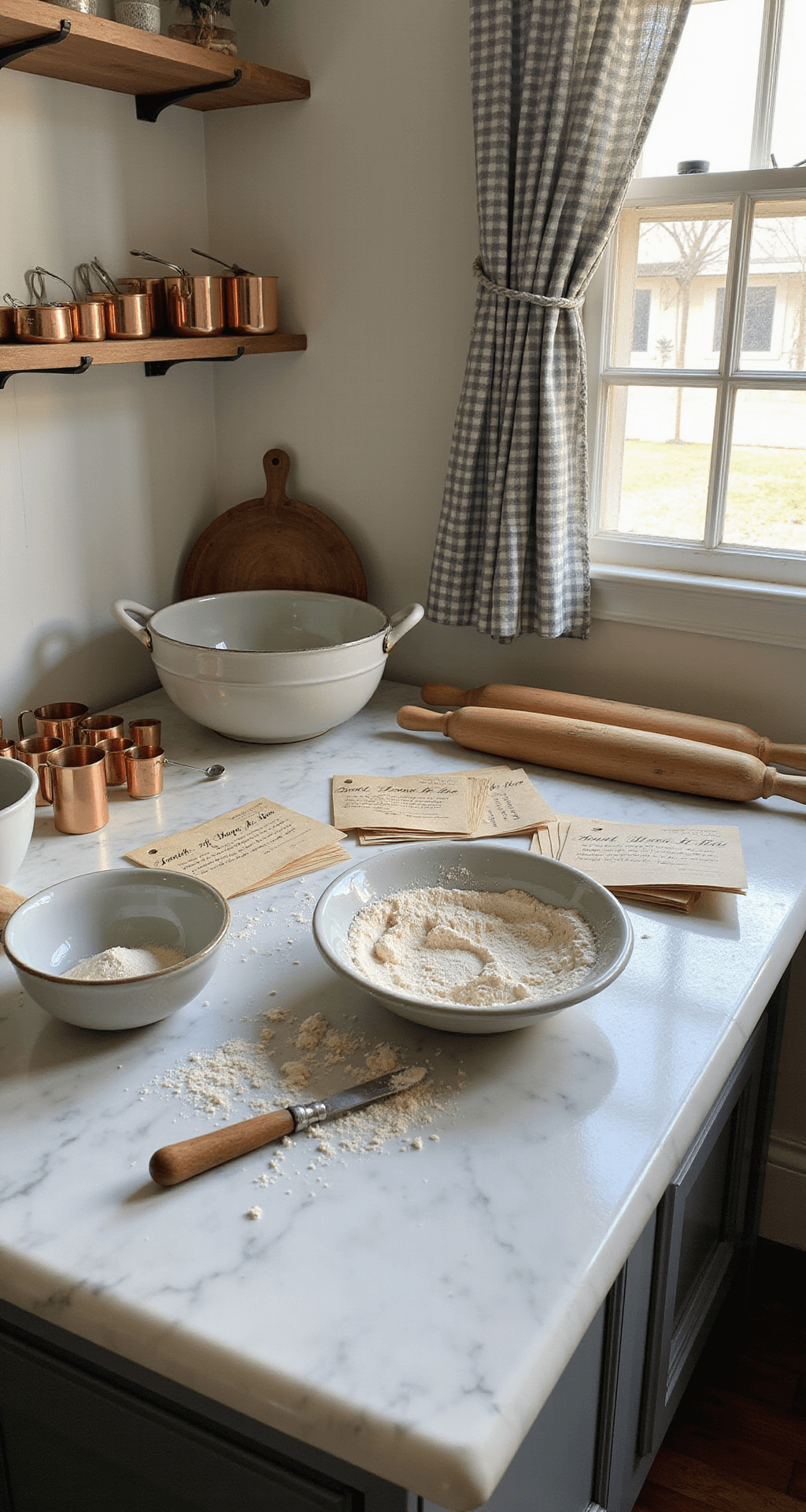 A cozy baking station vignette featuring a marble-topped preparation island illuminated by afternoon light, adorned with vintage ceramic mixing bowls, wooden rolling pins, and flour-dusted recipe cards. Copper measuring cups glimmer and gingham curtains sway softly in the breeze, captured from above at a slight angle.