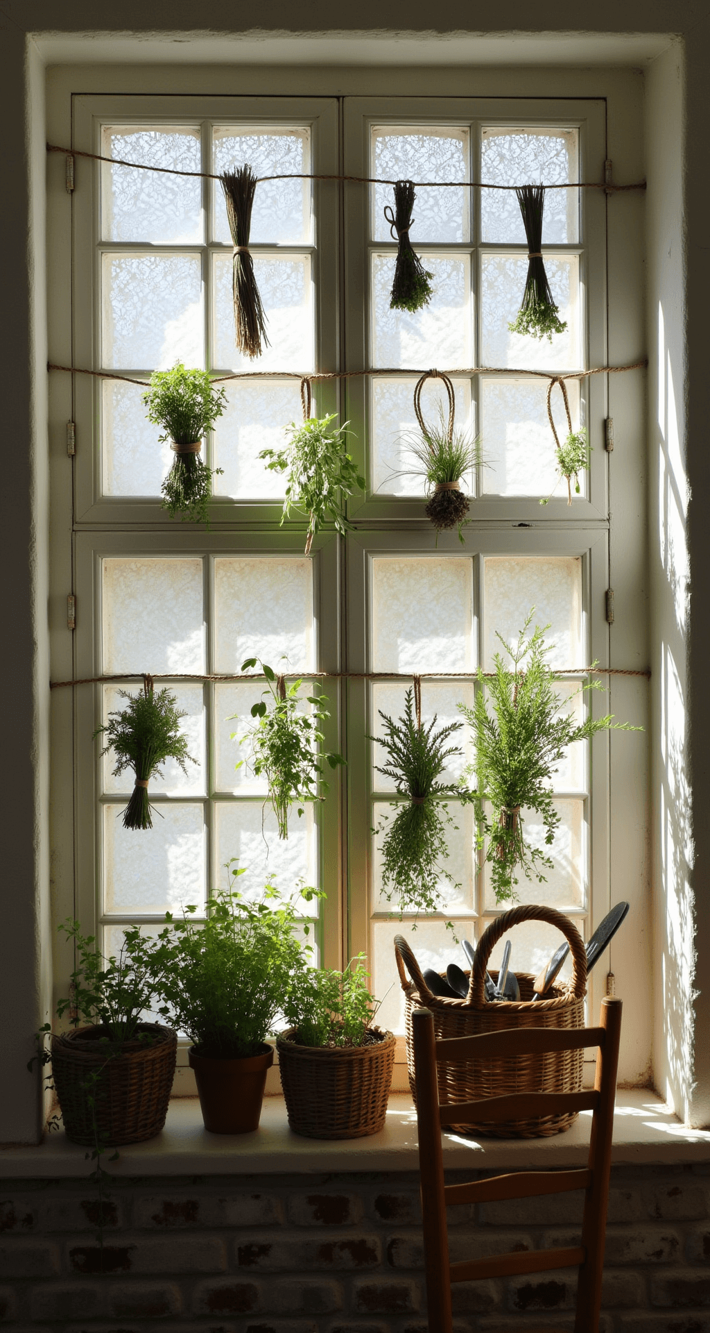 A herb drying station by a window with whitewashed walls and exposed brick, featuring bundles of lavender, thyme, and sage hanging from twine, vintage window frames, and an antique ladder-back chair with hand-woven baskets of garden tools, illuminated by dappled morning light filtering through lace curtains.