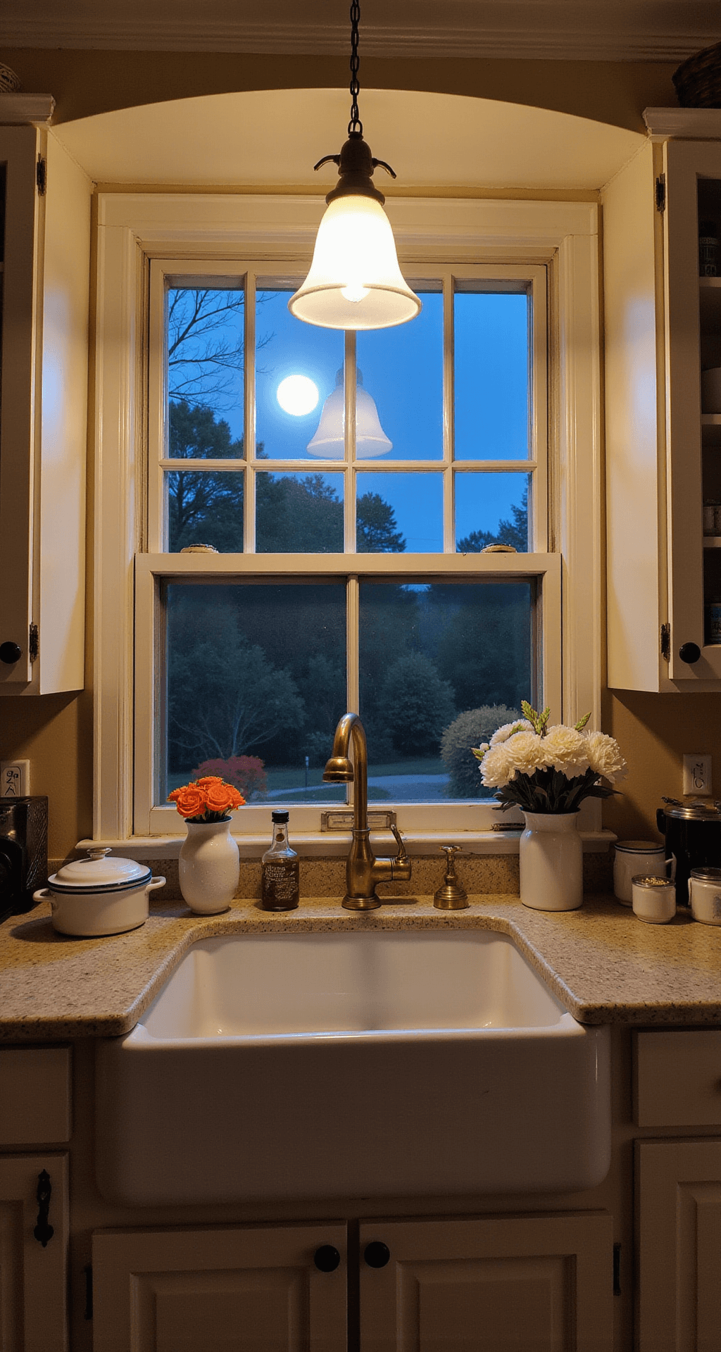 A cozy evening kitchen scene featuring a farmhouse sink beneath a large window, illuminated by moonlight and warm under-cabinet lighting, showcasing vintage enamel cookware and milk glass vases with fresh flowers, complemented by a worn brass faucet against white porcelain.