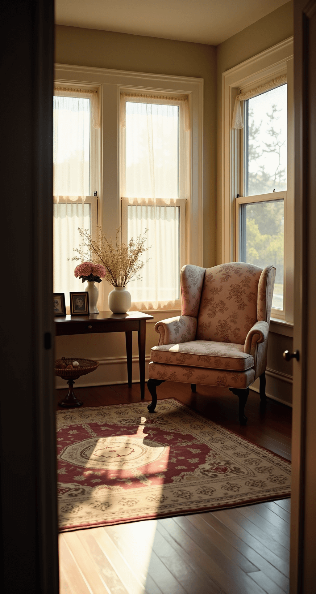 A sunlit living room with bay windows, featuring a floral wingback chair and dark walnut side table, adorned with vintage photographs, a Persian rug, and dried hydrangeas, creating a warm, nostalgic atmosphere.