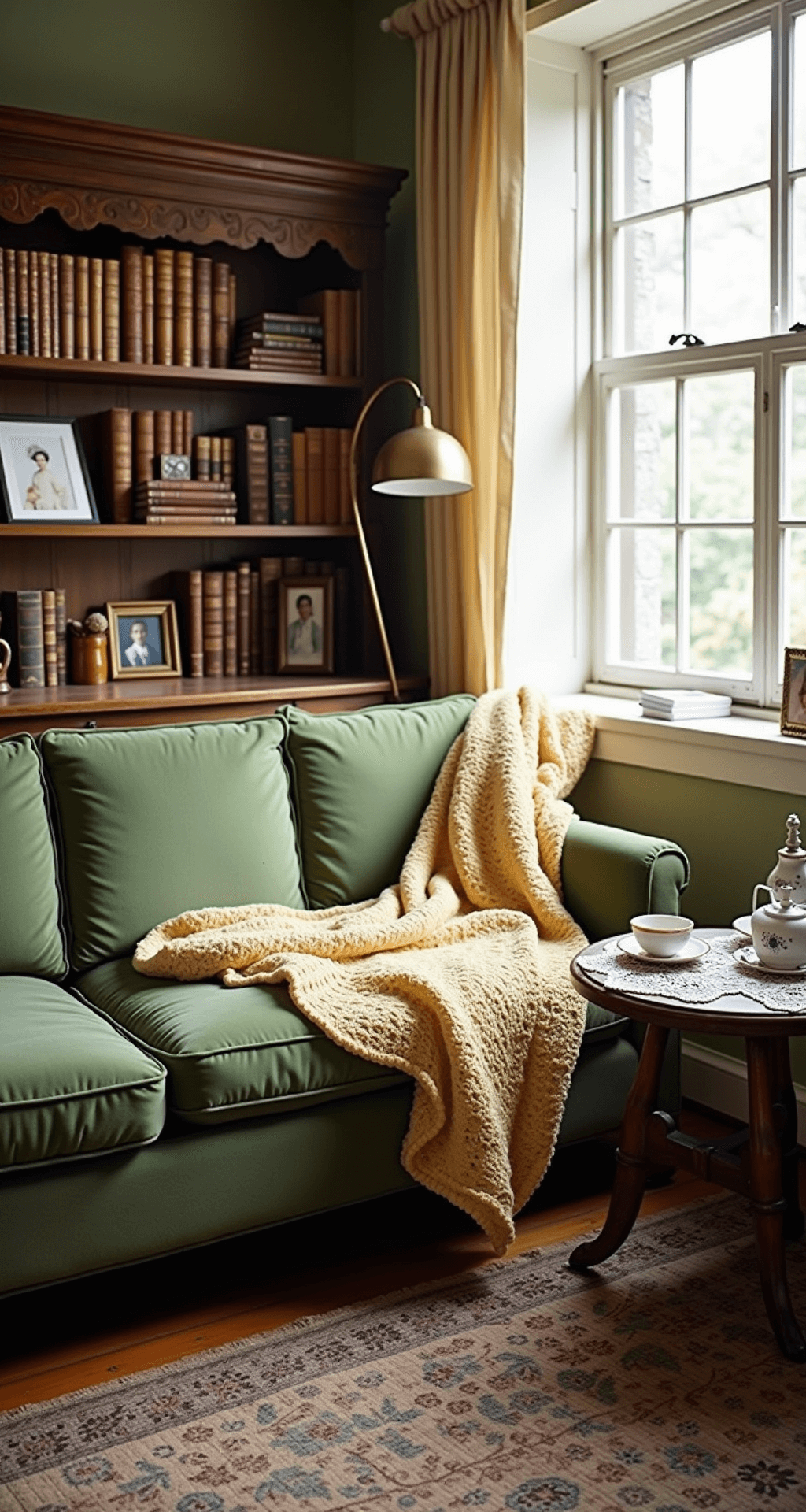 A cozy reading nook featuring a sage green velvet sofa draped with a cream and butter yellow afghan, a weathered brass floor lamp, and an antique oak bookshelf filled with leather-bound books, all bathed in soft morning light filtering through sheer curtains.