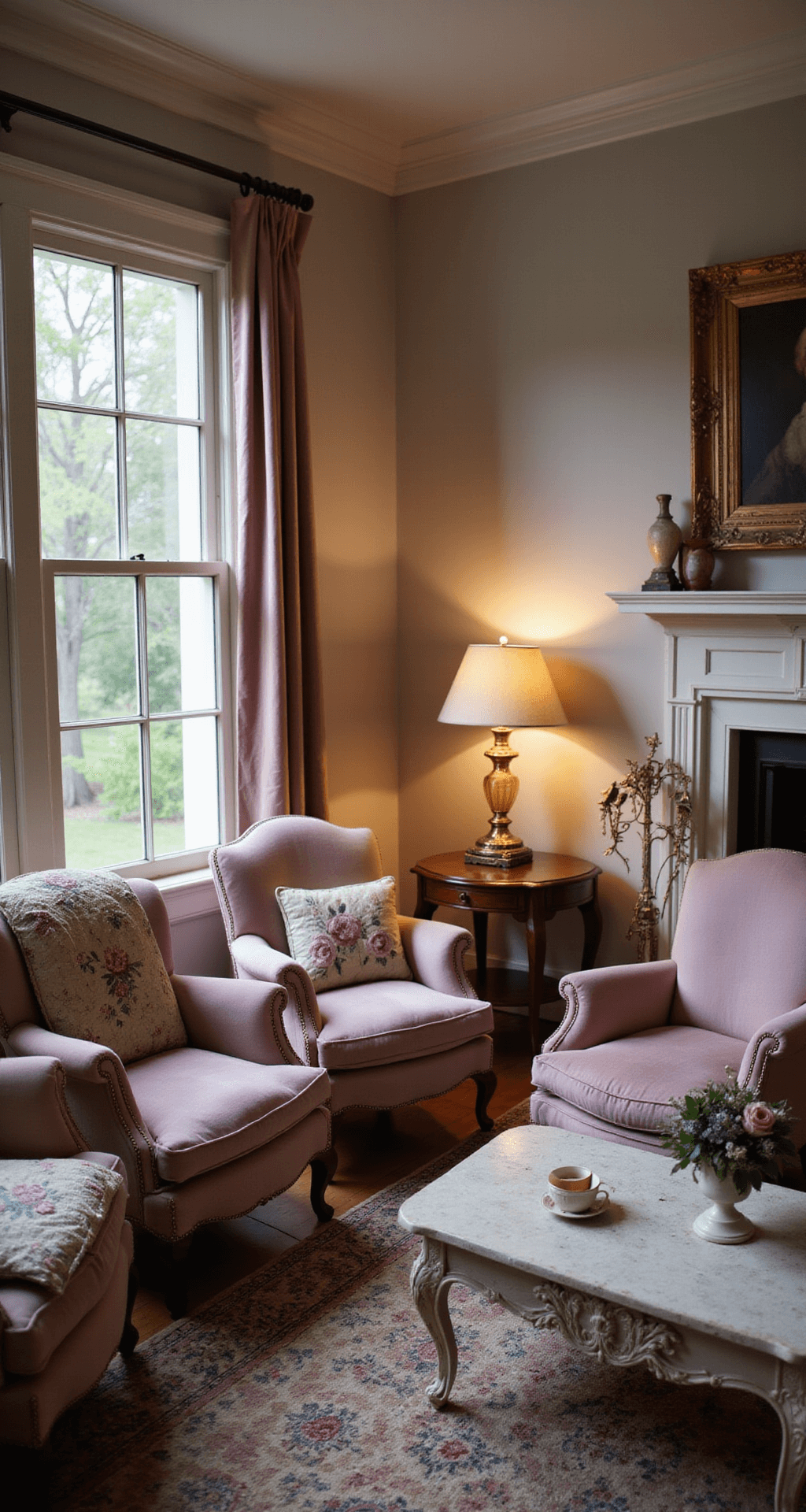 An intimate living space featuring mismatched armchairs in lavender and pink velvet around a distressed white coffee table, adorned with vintage quilts and floral cushions, illuminated by warm lamplight from antique glass lamps, evoking a cozy atmosphere.