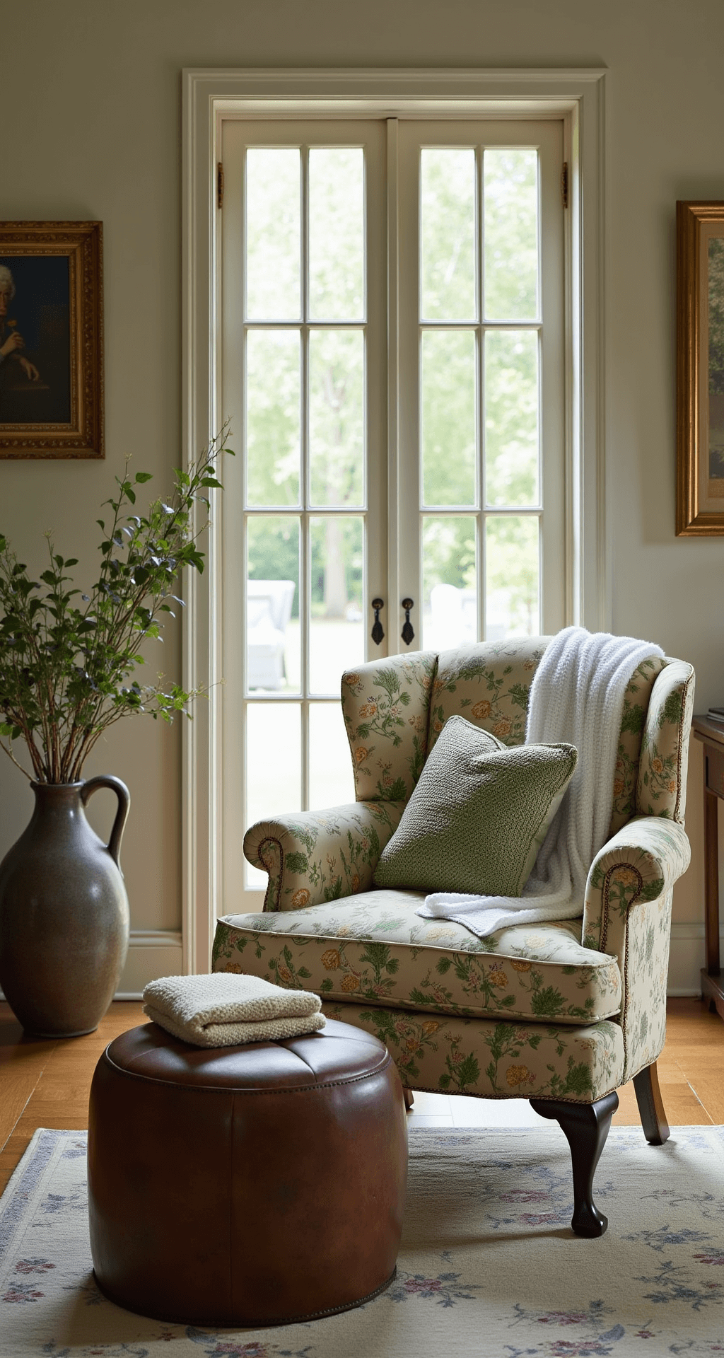 A cozy sitting room bathed in late afternoon light, featuring a floral chintz armchair, leather ottoman, vintage ceramics, and brass frames, with textured crochet pillows and blankets.