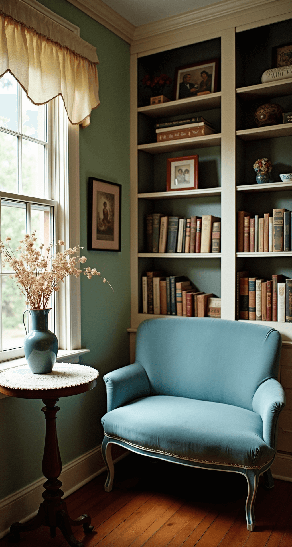 Cozy reading corner in morning light featuring a faded blue velvet settee, built-in bookshelves filled with hardcovers and family mementos, side tables adorned with handmade doilies and embroidered linens, and dried flowers in depression glass vases.