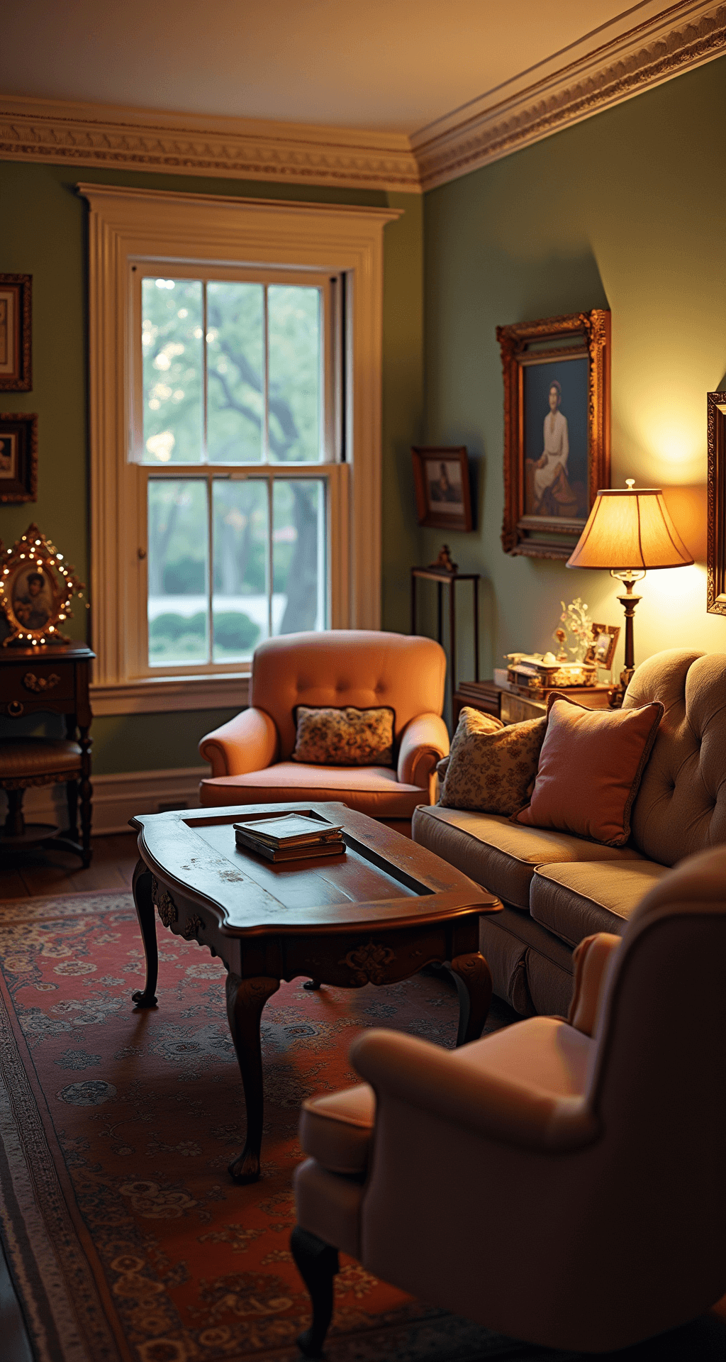 A warmly lit formal living room at twilight, featuring vintage seating including a tufted cream sofa and rose-colored chairs, surrounding an oval coffee table. Fairy lights twinkle among family photos and antique brass frames, with original crown molding enhancing the grandeur, captured from a low angle at 24mm.