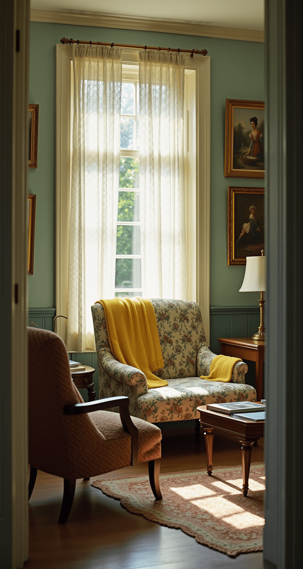 A cozy sitting room bathed in early morning light, featuring inherited furniture like a worn leather button-back chair and a floral-print love seat adorned with pastel hand-knitted throws, framed vintage oil paintings on the walls, and doily-covered side tables.