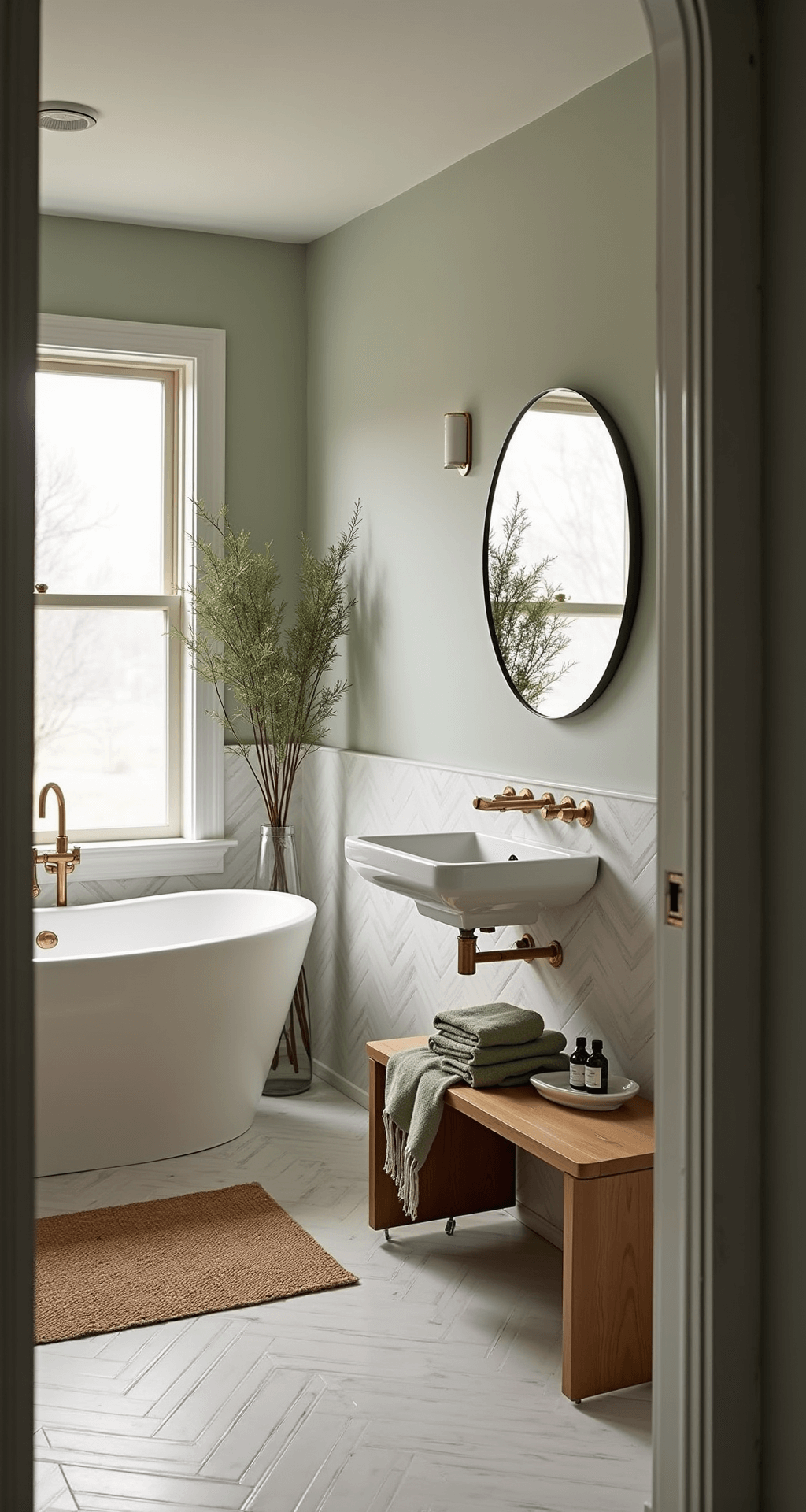 A serene luxury master bathroom featuring a freestanding white marble soaking tub, brass fixtures, and a natural jute rug over herringbone tile. Eucalyptus branches in a tall vase reflect in a large round mirror, with sage green and cream Turkish towels stacked nearby and aromatic oils on a teak bench. Bathed in soft morning light through frosted windows.