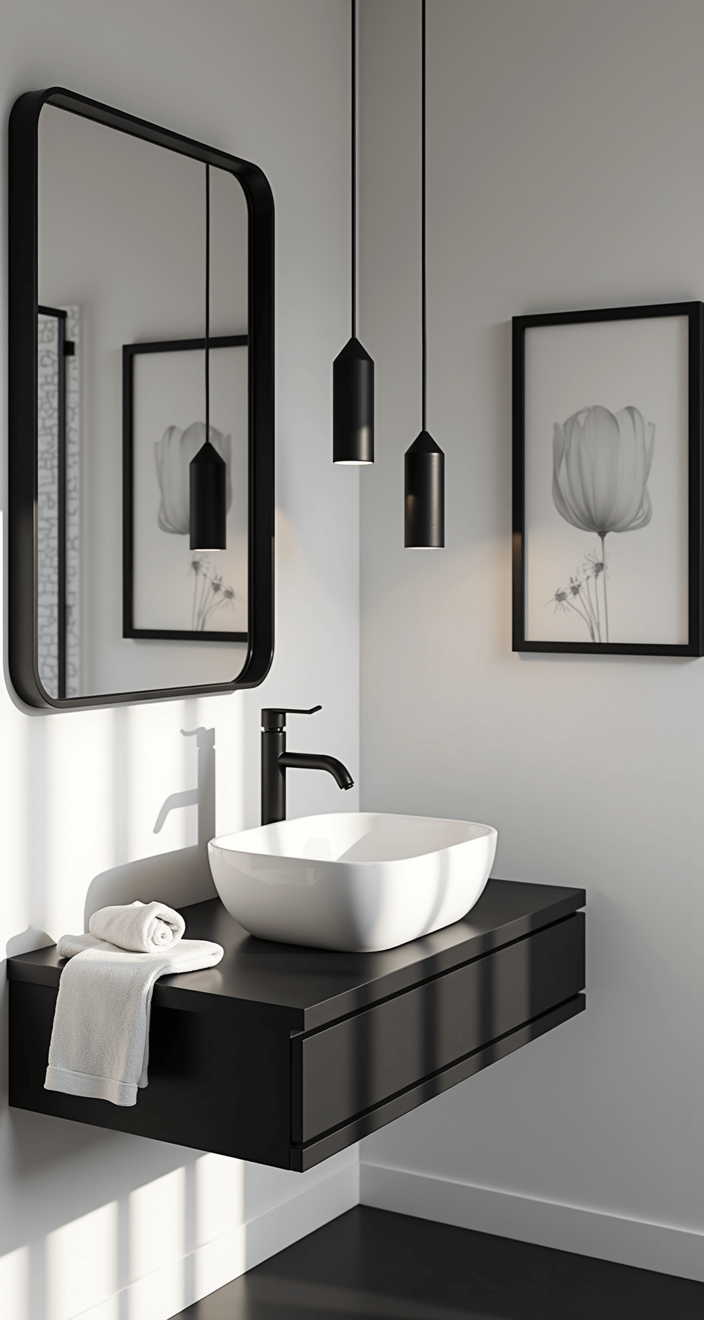 Corner view of a modern minimalist bathroom featuring a matte black floating vanity, stark white walls, and an oversized black-framed mirror reflecting pendant lights, with a white vessel sink, clear glass shower partition, rolled textural towels, and monochromatic artwork, all bathed in late afternoon light casting geometric shadows.