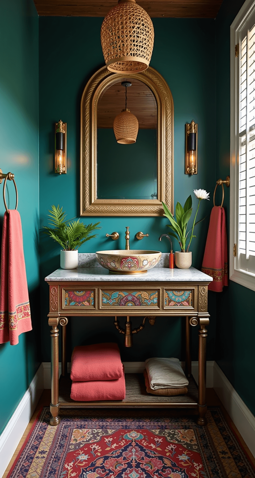 A beautifully styled bohemian powder room featuring a Moroccan-inspired mirror on a dark teal wall, a rattan pendant casting intricate shadows, and a vintage brass vanity with a handpainted ceramic sink. Rich jewel-toned Turkish and Persian rugs adorn the floor, complemented by a potted monstera plant and embroidered hand towels in coral and gold, all shot from a low angle to highlight the ceiling height.