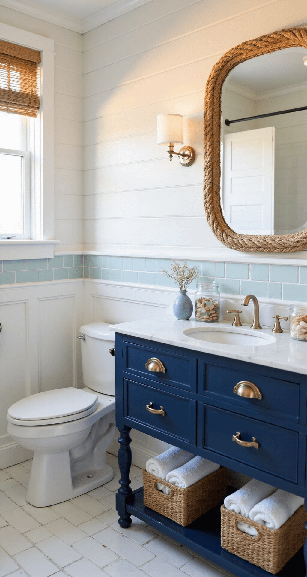 A sun-drenched coastal bathroom featuring shiplap walls, a navy blue vanity with a marble top, and a rope-wrapped mirror, accented by white subway tiles with pale blue accents and filled with natural textures like seagrass baskets and glass jars of shells, all captured in soft light.