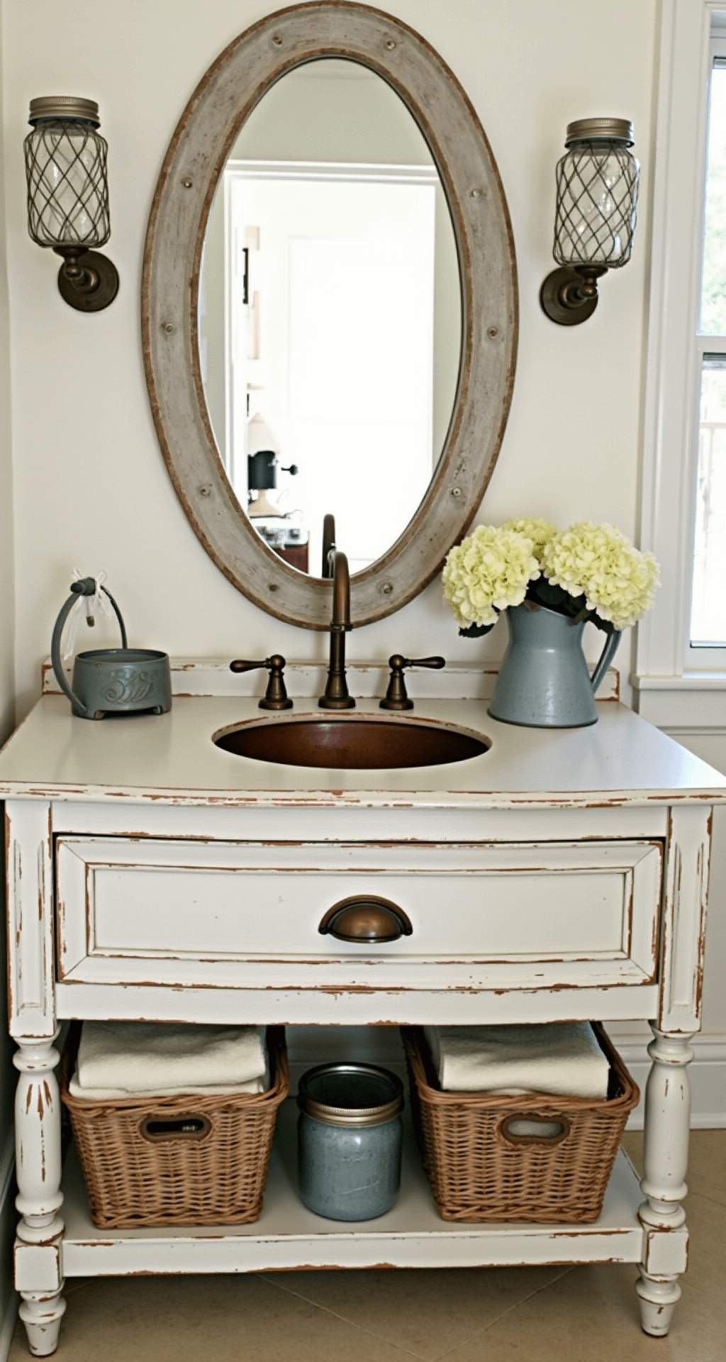 A sunlit farmhouse bathroom features a vintage window frame, distressed white vanity with a copper sink, and bronze fixtures. Mason jar sconces illuminate an oval mirror with a weathered wood frame. Fluffy cream towels are stored in wire baskets, complemented by galvanized metal accessories and hydrangeas in an enamel pitcher, creating a rustic and cozy atmosphere.