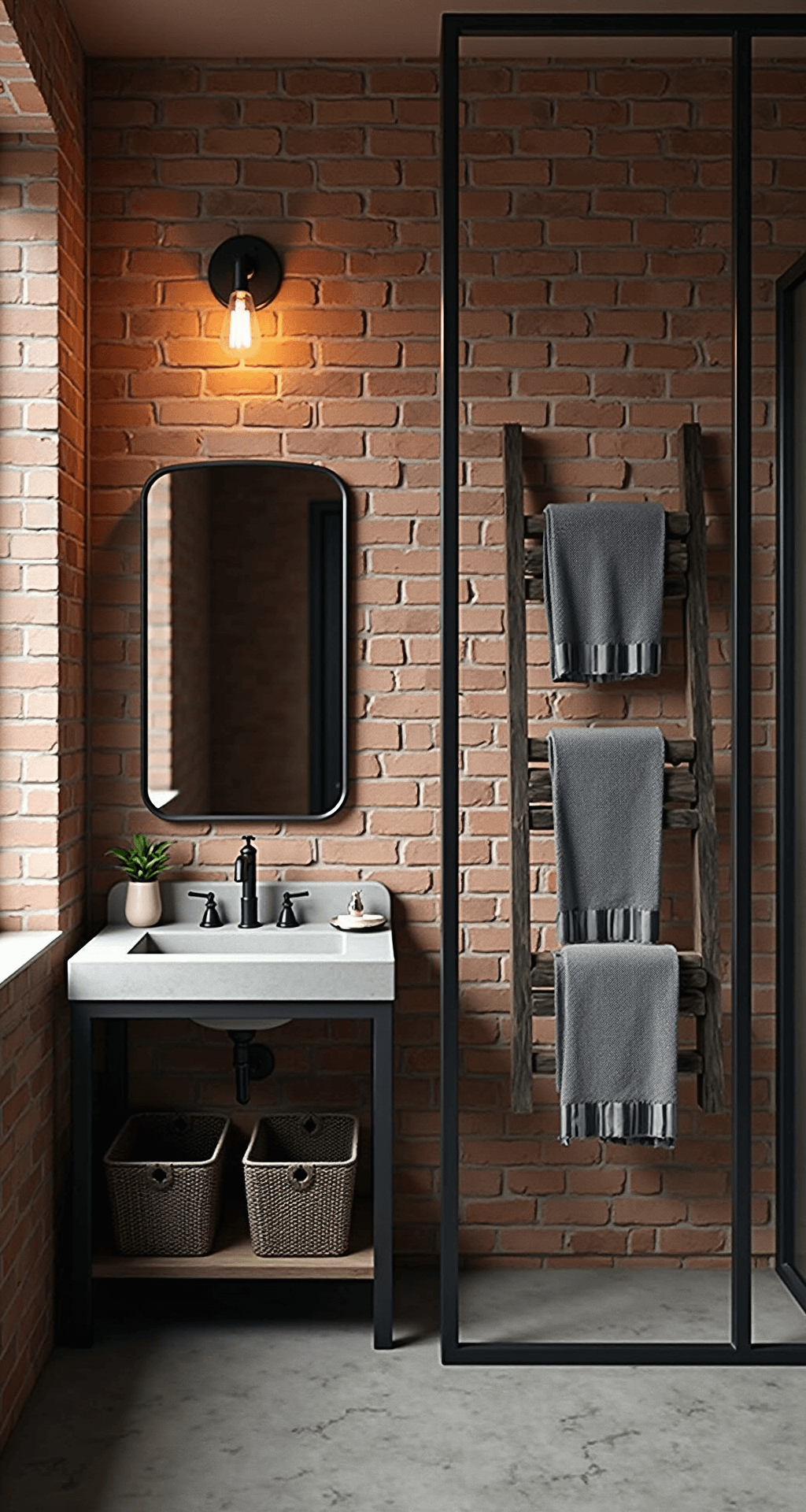 Late afternoon interior shot of a stylish bathroom featuring an exposed brick accent wall, matte black steel-framed shower enclosure, concrete vanity with undermount sink, and warm Edison bulb sconces. Charcoal grey Turkish towels hang from a reclaimed wood ladder, complemented by metal mesh storage baskets, all presented in a color palette of brick red, charcoal, black, and warm woods, enhanced by dramatic side lighting.