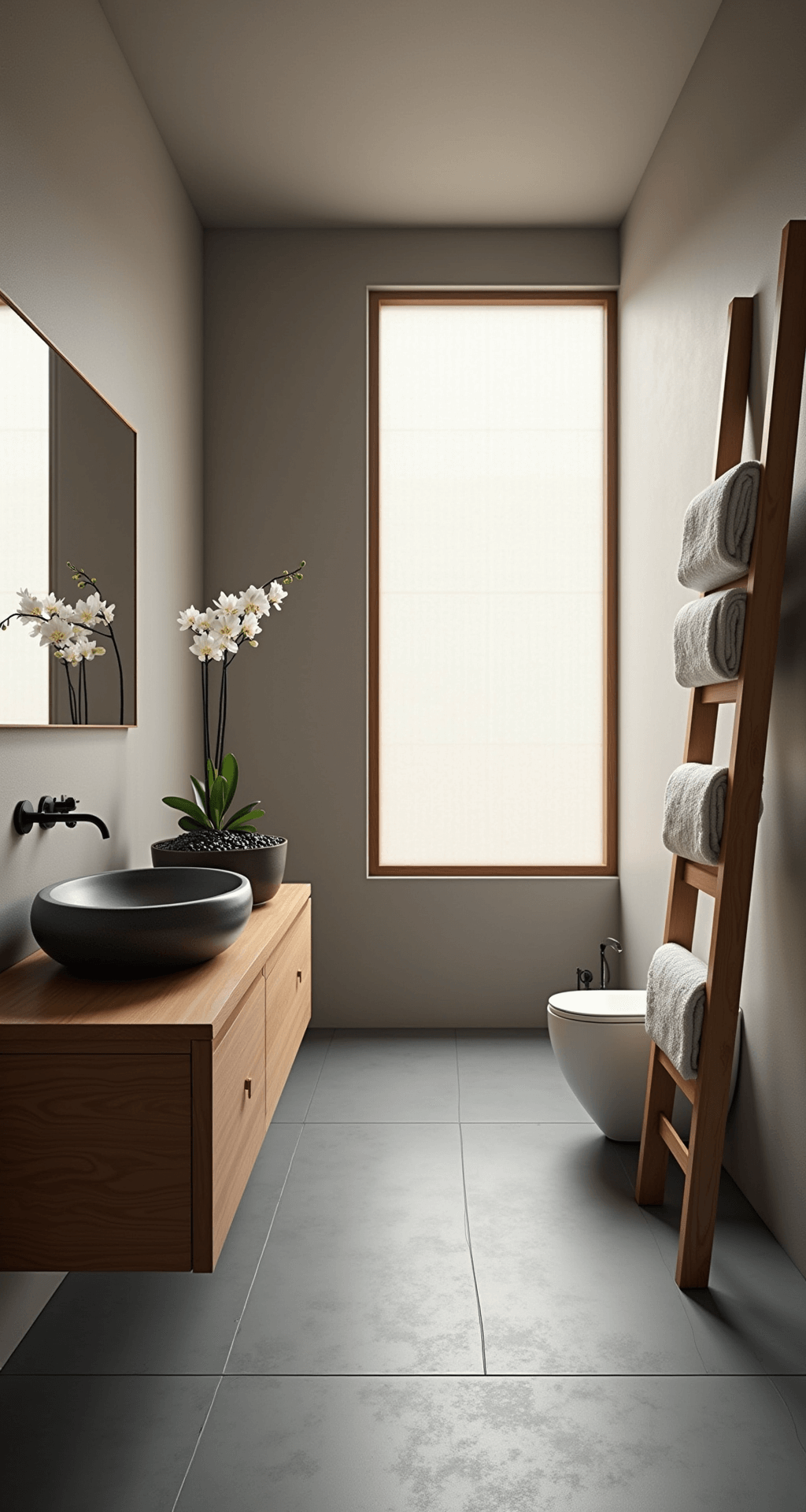 A serene, zen-inspired bathroom featuring dawn light filtering through a rice paper window, a teak vanity with a stone vessel sink, grey porcelain floor tiles, a bamboo ladder with white organic cotton towels, a single orchid in a ceramic pot, and black river rocks in clear glass vessels, all in a warm grey, natural wood, white, and black color palette, viewed from above to highlight peaceful symmetry.